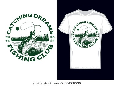 Reel in the adventure with this fishing-inspired t-shirt design! Featuring bold graphics of a leaping fish, a sleek fishing rod, and nature-inspired elements, this design is perfect