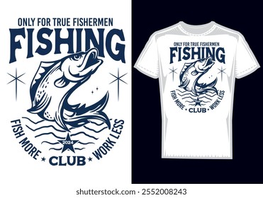 Carregue na aventura com este design de t-shirt inspirado na pesca! Com gráficos arrojados de um peixe saltando, uma haste de pesca elegante e elementos inspirados na natureza, este design é perfeito