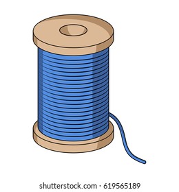 Um rolo de rosca azul.Costura ou alfaiataria ferramentas kit ícone único em desenho animado estilo vetor símbolo ilustração de stock.