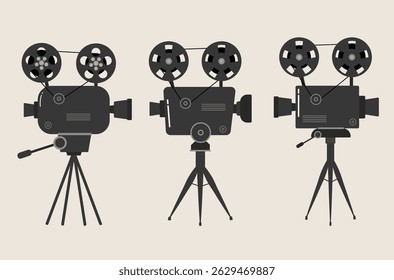 Câmera de bobina cinema filme projetor quadro vídeo cinema velho vintage banner criativo apresentação arte entretenimento operador indústria símbolo mecânico ilustração vetor detalhe dispositivo
