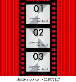 The Reel of film, on a background of red curtains for text, photo