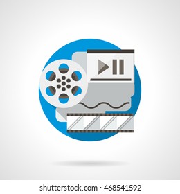 Reel of film player. Multimedia technology concept. Cinema production and playback, virtual movie gallery. Round detailed flat color style vector icon