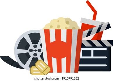 Reel with film, popcorn, red soda glass, clapper. Entertainment concept.