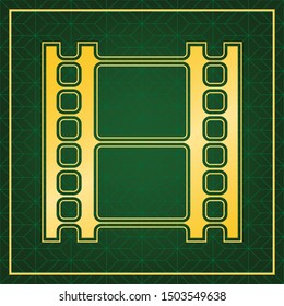 Reel of film sign. Golden icon with gold contour at dark green gridded white background. Illustration.
