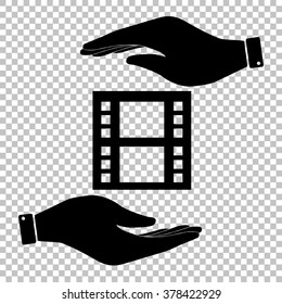 Reel of film sign. Save or protect symbol by hands.