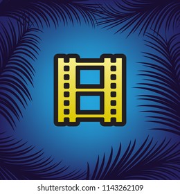 Reel of film sign. Vector. Golden icon with black contour at blue background with branches of palm trees.