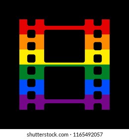 Reel of film sign. Vector. Icon with colors of LGBT flag at black background.