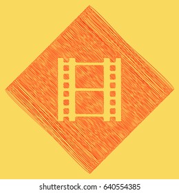 Reel of film sign. Vector. Red scribble icon obtained as a result of subtraction rhomb and path. Royal yellow background.