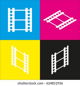 Reel of film sign. Vector. White icon with isometric projections on cyan, magenta, yellow and black backgrounds.