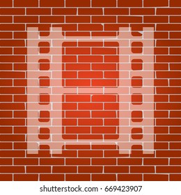 Reel of film sign. Vector. Whitish icon on brick wall as background.