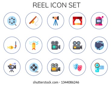 reel icon set. 15 flat reel icons.  Collection Of - film reel, fishing, fishing rod, video camera, theater, slot machine, movie camera, camcorder