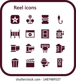 reel icon set. 16 filled reel icons.  Simple modern icons about  - Movie, Bait, Fishing line, Fishing rod, Hose, Video, Film, Slot machine, Film roll, Popcorn, Fishing reel, Recorder