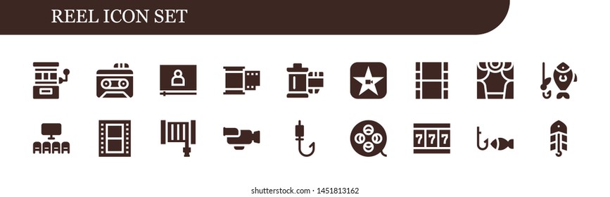 reel icon set. 18 filled reel icons.  Collection Of - Slot machine, Recorder, Video, Film, Reel, Movie, Theater, Fishing, Cinema, Hose, Fishing rod, Film Bait