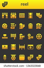 reel icon set. 26 filled reel icons.  Simple modern icons about  - Theater, Slot machine, Film, Theatre, Film roll, Popcorn, Cinema, Hose, Camcorder, Film reel, Video, Movie, Bait