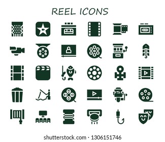 reel icon set. 30 filled reel icons.  Simple modern icons about  - Slot machine, Movie, Recorder, Film strip, Film, Video, Reel, Film roll, Bait, Fishing, Bobbin, Copper, Popcorn