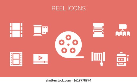 reel icon set. 9 filled reel icons. Included Film roll, Video, Film, Movie, Slot machine, Cinema, Hose, Fishing line icons