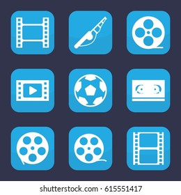 Reel icon. set of 9 filled reel icons such as movie tape, fishing rod, camera tape