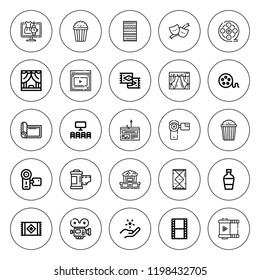 Reel icon set. collection of 25 outline reel icons with carpet, camcorder, camera roll, cinema, fishing, fame, film reel, film strip, film, mat icons. editable icons.