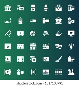 reel icon set. Collection of 36 filled reel icons included Hose, Film, Video, Carpet, Camcorder, Film strip, Fishing rod, Bobbin, Theater, Fishing, Rolls, Fame, Fisherman, Film reel