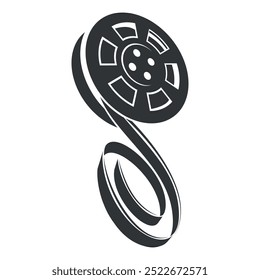 Reel icon symbolizing film production, depicting a classic film reel design intertwined with artistic elements on a white background