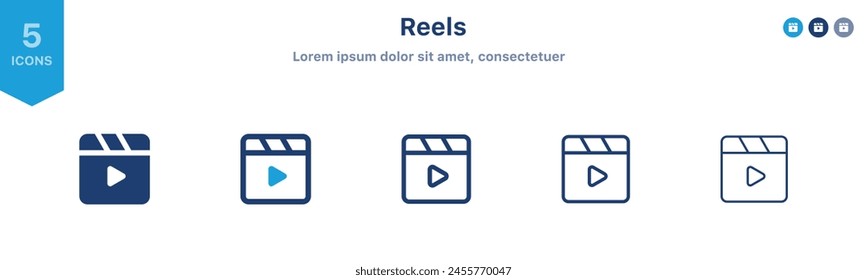reel icon, video reels icon, video sign with play icon button, media player icon - film roll cinema icons	
