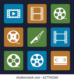 Reel icons set. set of 9 reel filled icons such as movie tape, film tape, fishing rod