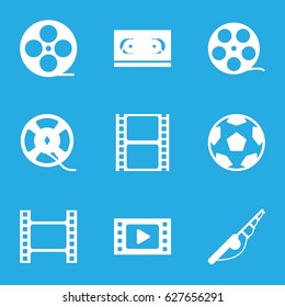 Reel icons set. set of 9 reel filled icons such as movie tape, film tape, fishing rod