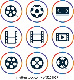 Reel icons set. set of 9 reel filled icons such as movie tape, film tape