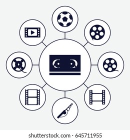 Reel icons set. set of 9 reel filled icons such as movie tape, film tape, fishing rod