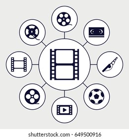 Reel icons set. set of 9 reel filled icons such as movie tape, film tape, fishing rod