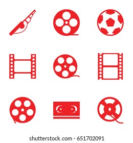Reel icons set. set of 9 reel filled icons such as movie tape, film tape, fishing rod