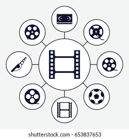 Reel icons set. set of 9 reel filled icons such as movie tape, film tape, fishing rod