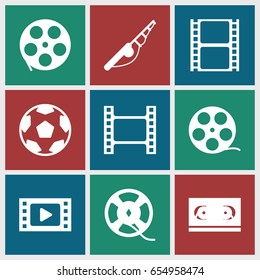 Reel icons set. set of 9 reel filled icons such as movie tape, film tape, fishing rod