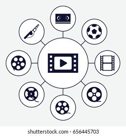 Reel icons set. set of 9 reel filled icons such as movie tape, film tape, fishing rod