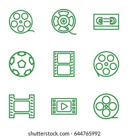 Reel icons set. set of 9 reel outline icons such as movie tape, film tape