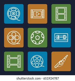 Reel icons set. set of 9 reel outline icons such as movie tape, film tape, camera tape