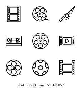 Reel icons set. set of 9 reel outline icons such as movie tape, camera tape, film tape