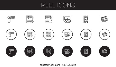 reel icons set. Collection of reel with camcorder, slot machine, cinema, carpet, video camera. Editable and scalable reel icons.