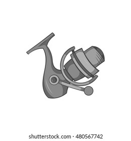 Reel on rod icon in black monochrome style isolated on white background. Fishing symbol vector illustration