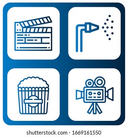 reel simple icons set. Contains such icons as Clapperboard, Fire hose, Popcorn, Cinema camera, can be used for web, mobile and logo
