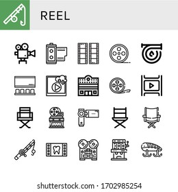 reel simple icons set. Contains such icons as Fishing rod, Movie camera, Film roll, Film, Hose, Cinema, Video, Film strip, Director chair, can be used for web, mobile and logo