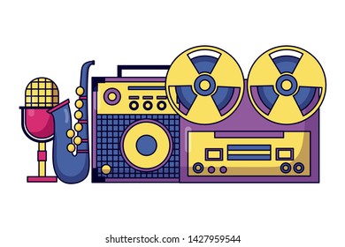 reel tape recorder amplifier microphone saxophone festival music vector illustration