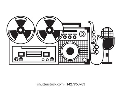 Reel Tape Recorder Amplifier Microphone Saxophone Festival Music Vector Illustration