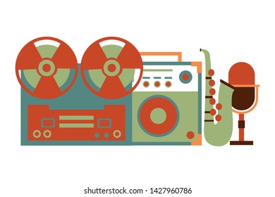 reel tape recorder amplifier microphone saxophone festival music vector illustration