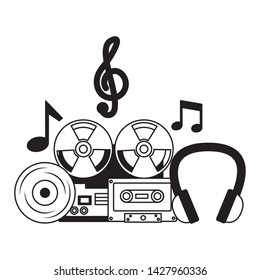 reel tape recorder cassette vinyl headphones equipment festival music vector illustration