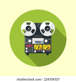 Reel To Reel Tape Recorder Icon. Flat Design Long Shadow. Vector Illustration.