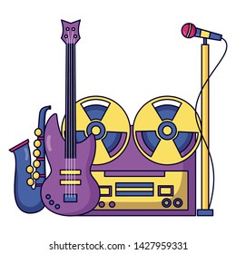 reel tape recorder saxophone microphone electric guitar festival music vector illustration