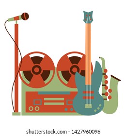 reel tape recorder saxophone microphone electric guitar festival music vector illustration
