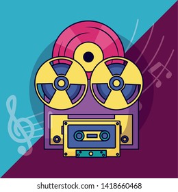 reel tape recorder vinyl cassette festival music poster vector illustration
