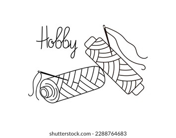 Reel of thread, button and needle, pattern is linear. Set Doodle.  Logo , Inscription, icon of sewing, needlework. Hobby icon, emblem.    Vector outline illustration on isolated background.